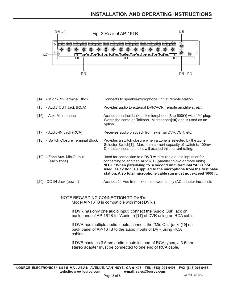 Installation and operating instructions, Fig. 2 rear of ap-16tb | Louroe Electronics AP-16TB User Manual | Page 3 / 8