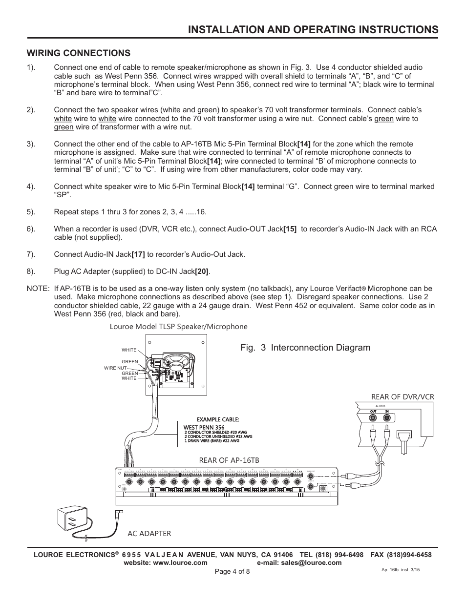 Installation and operating instructions, Wiring connections, Fig. 3 interconnection diagram | Ac adapter, Example cable: west penn 356 | Louroe Electronics AP-16TB User Manual | Page 4 / 8