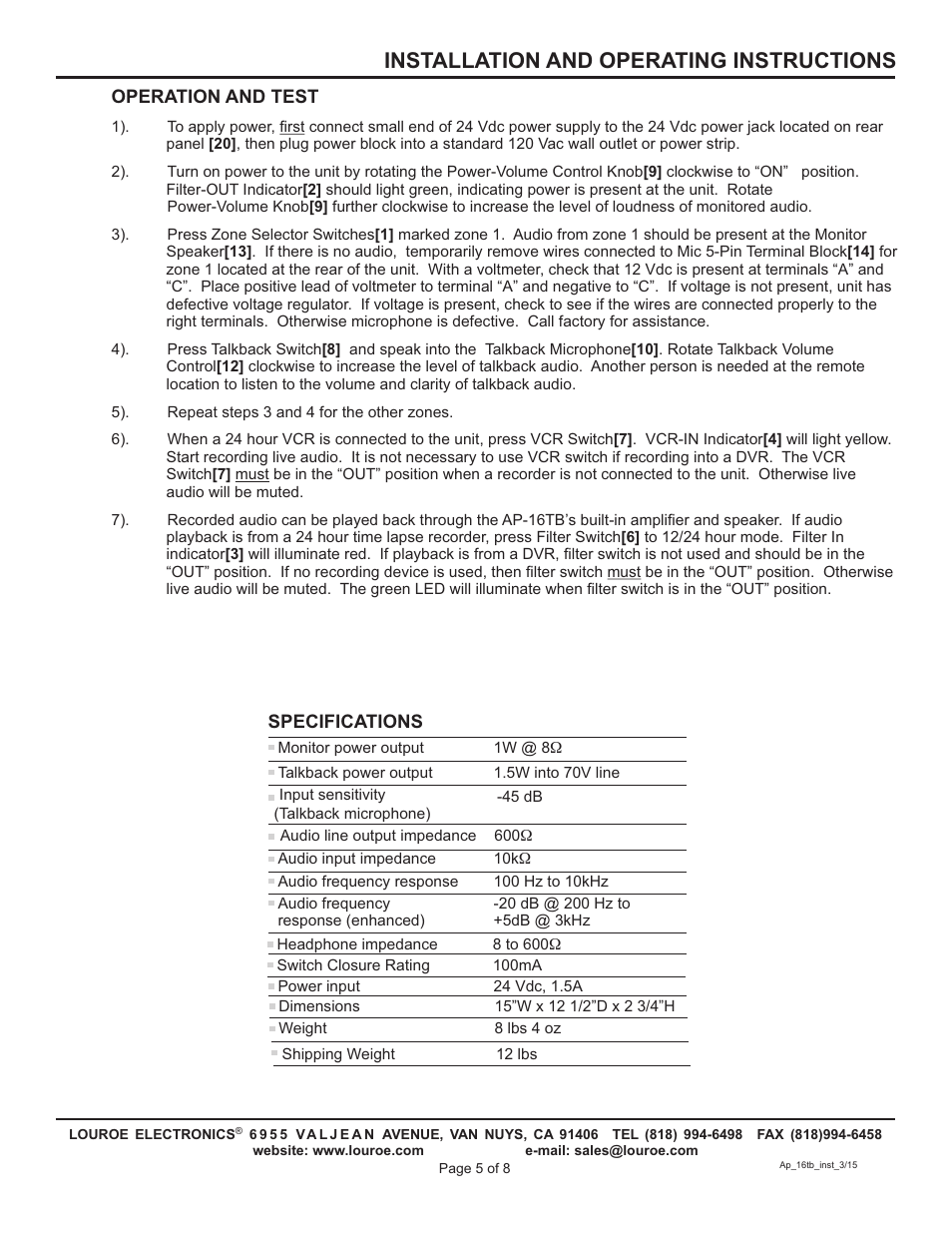 Installation and operating instructions, Operation and test, Specifications | Louroe Electronics AP-16TB User Manual | Page 5 / 8