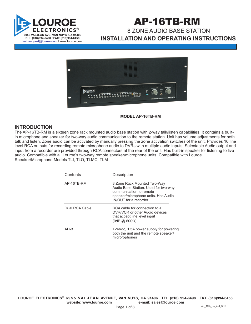 Louroe Electronics AP-16TB-RM User Manual | 8 pages