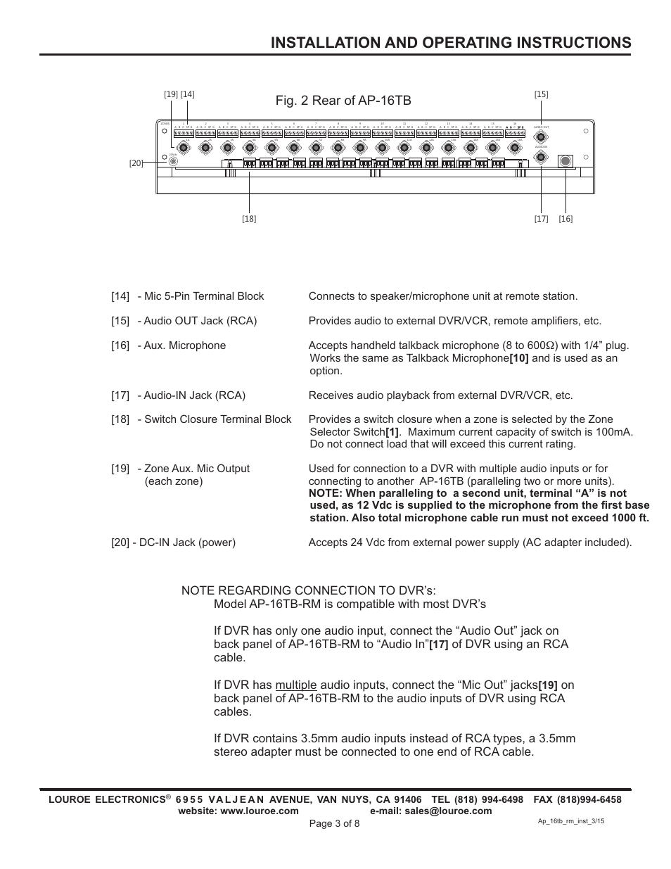 Installation and operating instructions, Fig. 2 rear of ap-16tb | Louroe Electronics AP-16TB-RM User Manual | Page 3 / 8