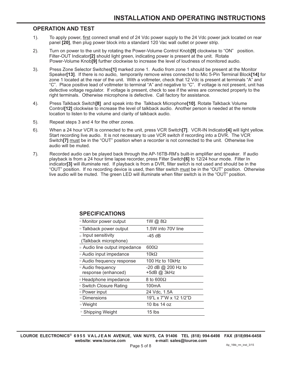 Installation and operating instructions, Operation and test, Specifications | Louroe Electronics AP-16TB-RM User Manual | Page 5 / 8