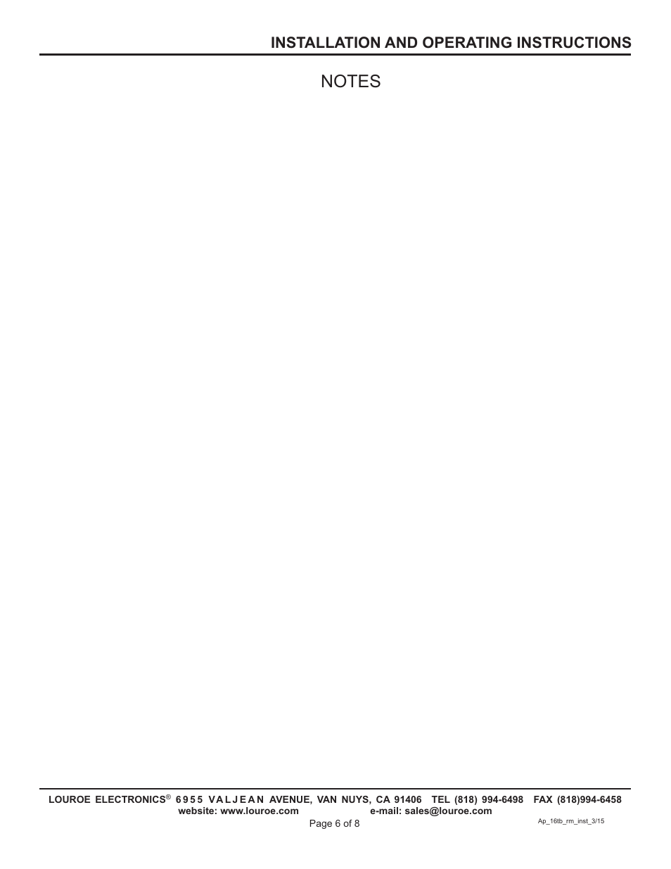 Installation and operating instructions | Louroe Electronics AP-16TB-RM User Manual | Page 6 / 8