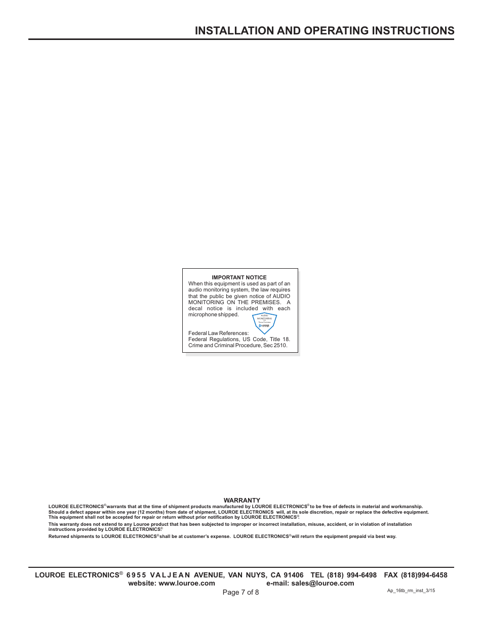 Installation and operating instructions | Louroe Electronics AP-16TB-RM User Manual | Page 7 / 8
