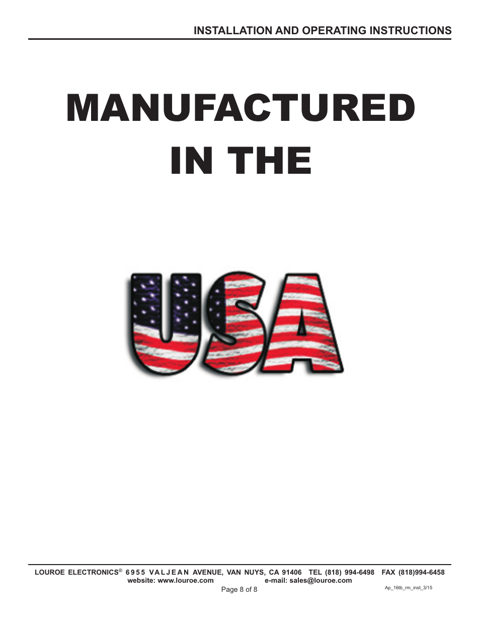 Manufactured in the | Louroe Electronics AP-16TB-RM User Manual | Page 8 / 8