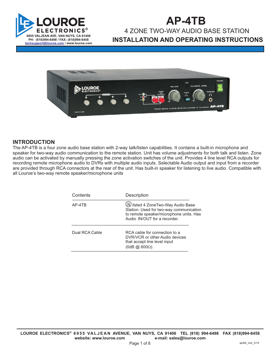 Louroe Electronics AP-4TB User Manual | 8 pages