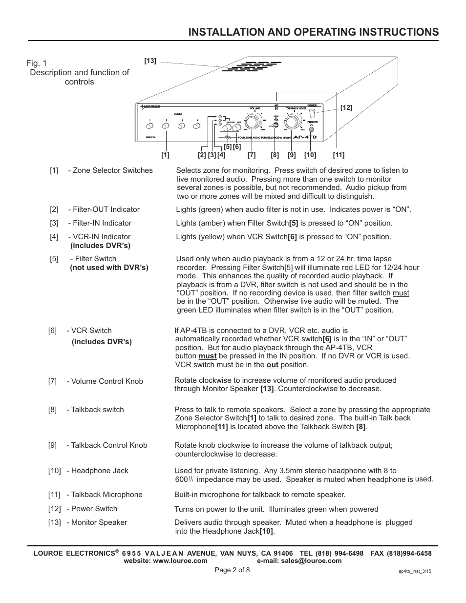 Installation and operating instructions, Fig. 1 description and function of controls | Louroe Electronics AP-4TB User Manual | Page 2 / 8
