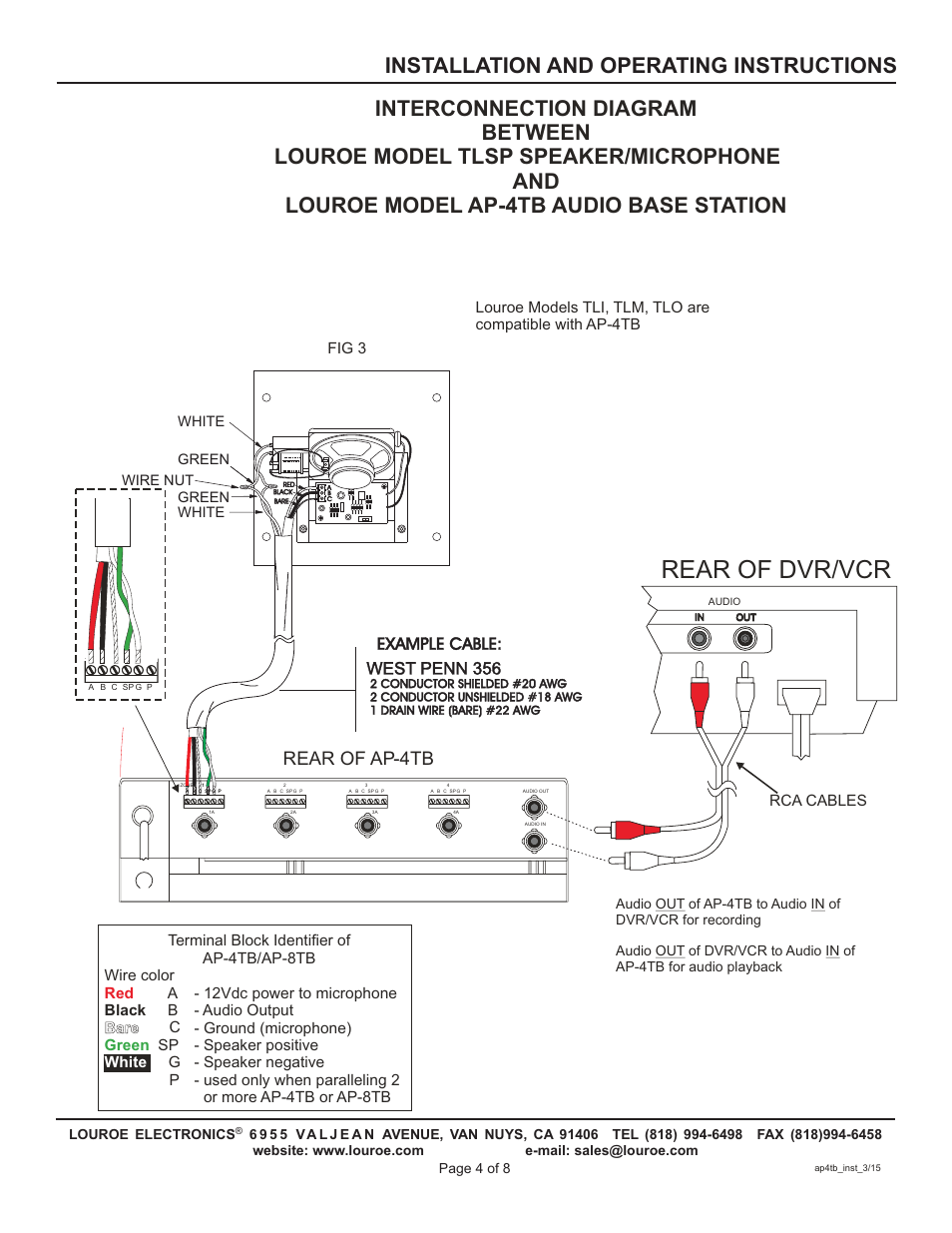 Rear of dvr/vcr, Installation and operating instructions, Rear of ap-4tb | Example cable: west penn 356, Fig 3 | Louroe Electronics AP-4TB User Manual | Page 4 / 8