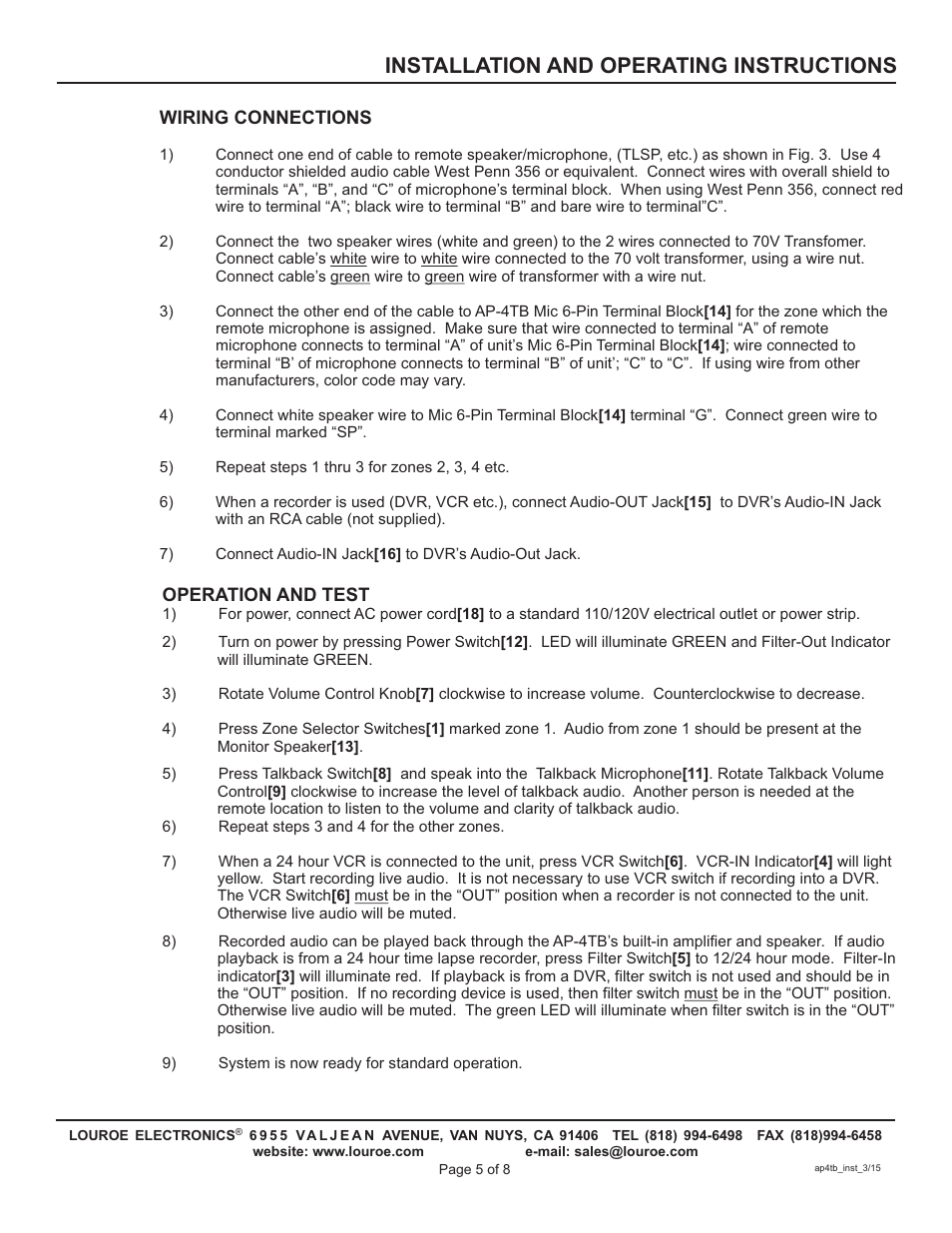 Installation and operating instructions | Louroe Electronics AP-4TB User Manual | Page 5 / 8