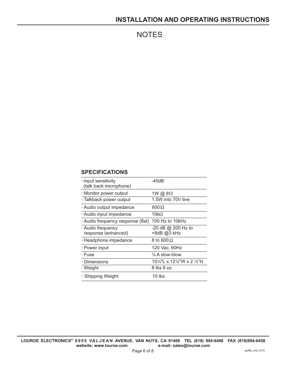 Installation and operating instructions | Louroe Electronics AP-4TB User Manual | Page 6 / 8
