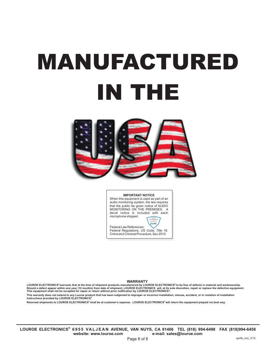 Manufactured in the | Louroe Electronics AP-4TB User Manual | Page 8 / 8
