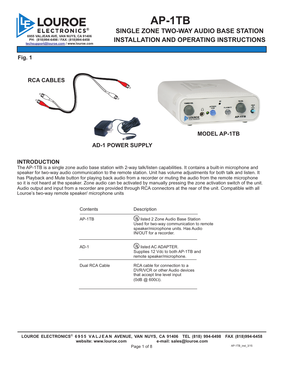 Louroe Electronics AP-1TB User Manual | 8 pages