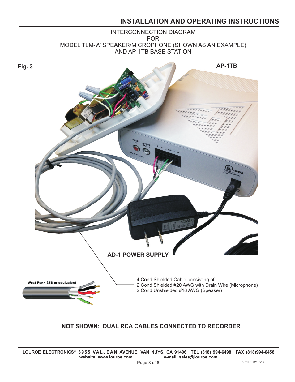 Installation and operating instructions | Louroe Electronics AP-1TB User Manual | Page 3 / 8