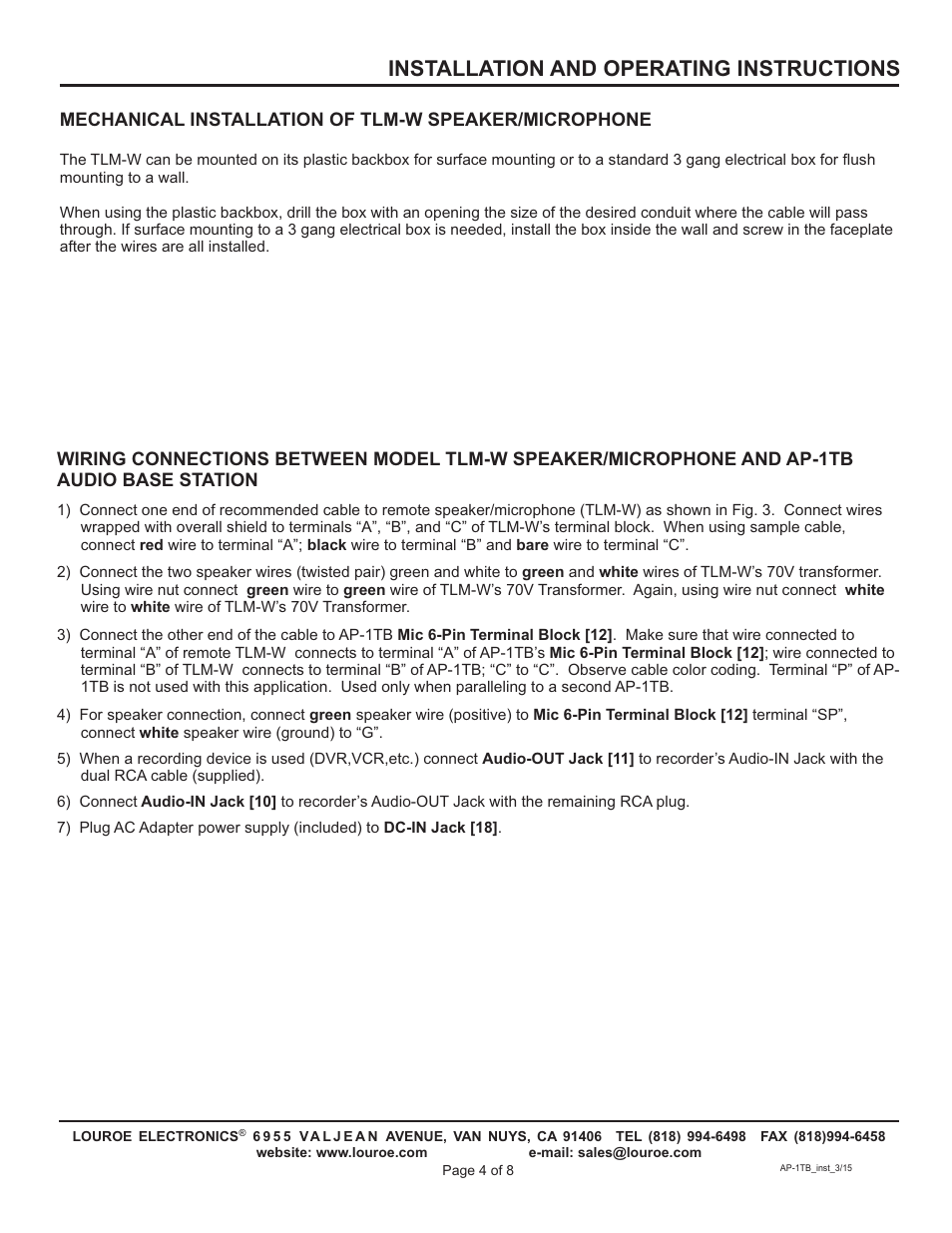 Installation and operating instructions | Louroe Electronics AP-1TB User Manual | Page 4 / 8
