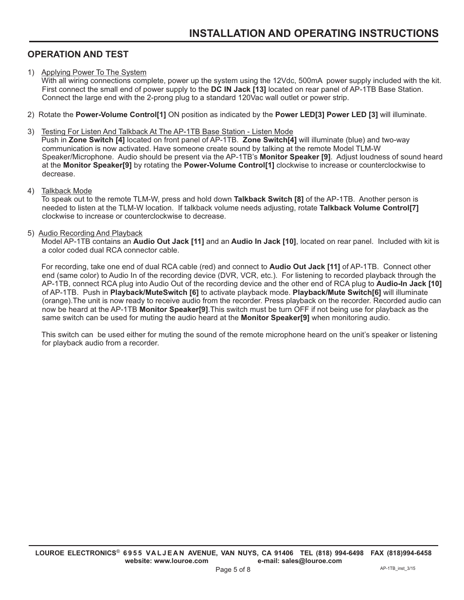 Installation and operating instructions | Louroe Electronics AP-1TB User Manual | Page 5 / 8