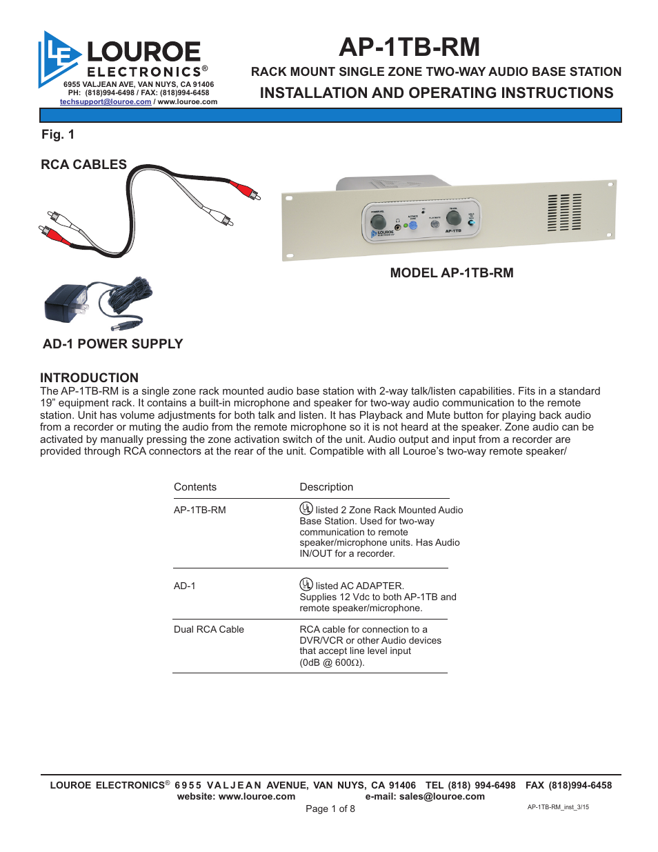 Louroe Electronics AP-1TB-RM User Manual | 8 pages