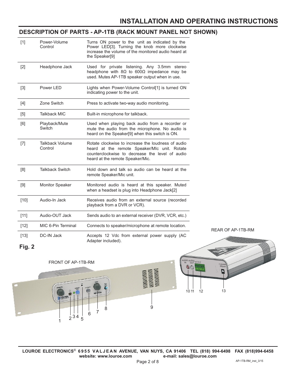 Installation and operating instructions, Fig. 2 | Louroe Electronics AP-1TB-RM User Manual | Page 2 / 8
