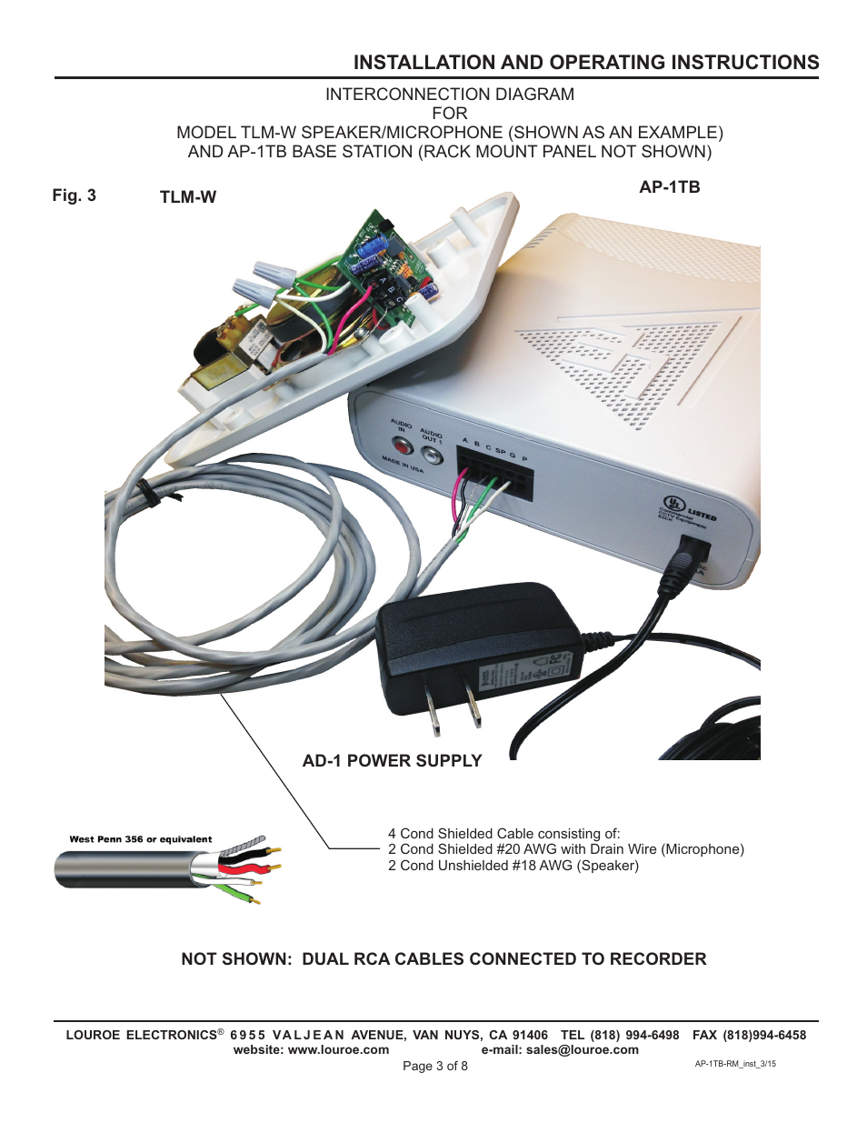 Installation and operating instructions | Louroe Electronics AP-1TB-RM User Manual | Page 3 / 8