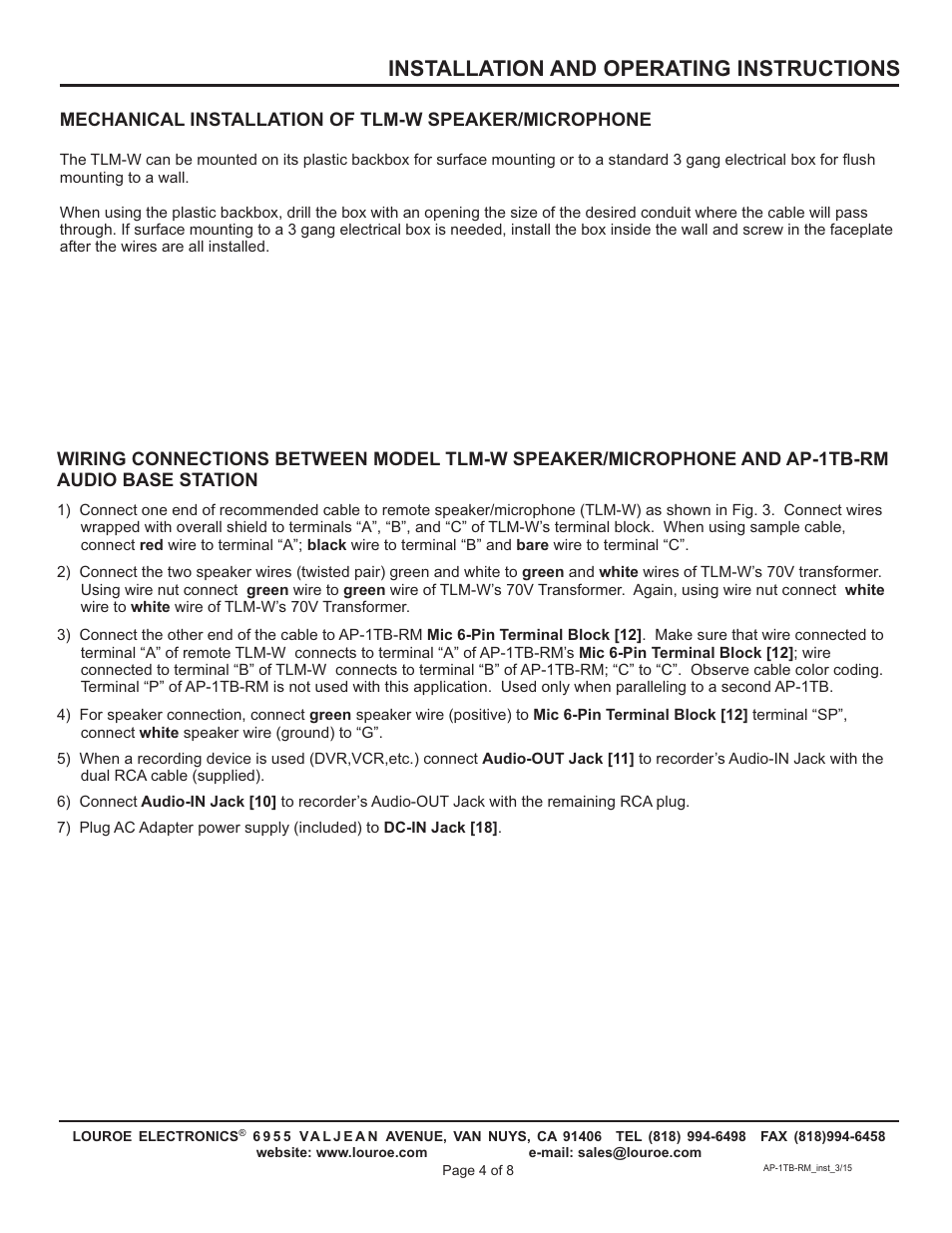 Installation and operating instructions | Louroe Electronics AP-1TB-RM User Manual | Page 4 / 8