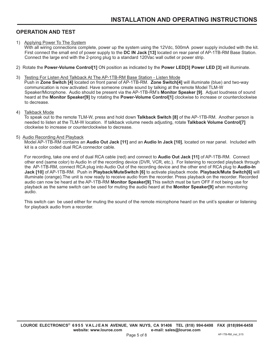 Installation and operating instructions | Louroe Electronics AP-1TB-RM User Manual | Page 5 / 8