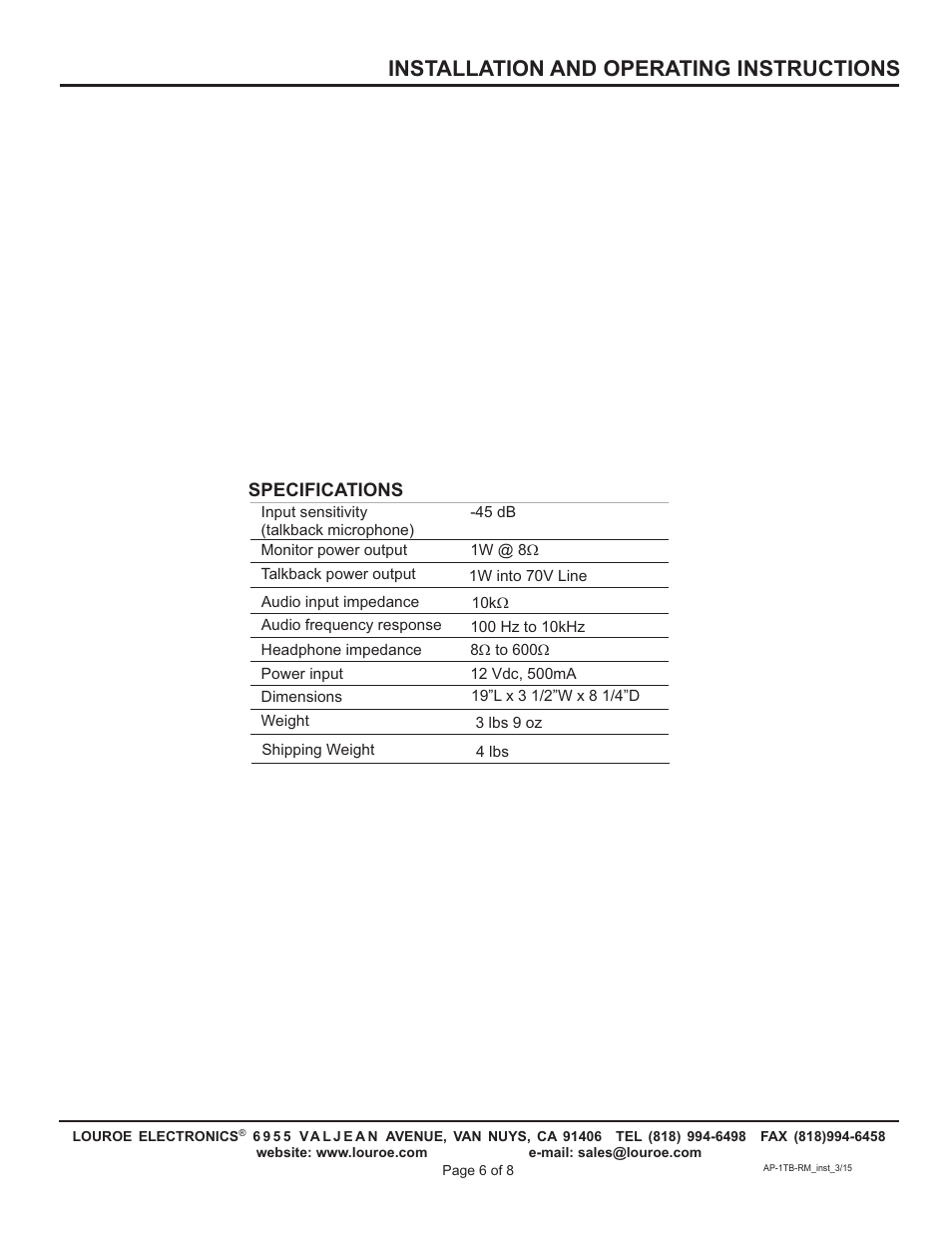 Installation and operating instructions | Louroe Electronics AP-1TB-RM User Manual | Page 6 / 8