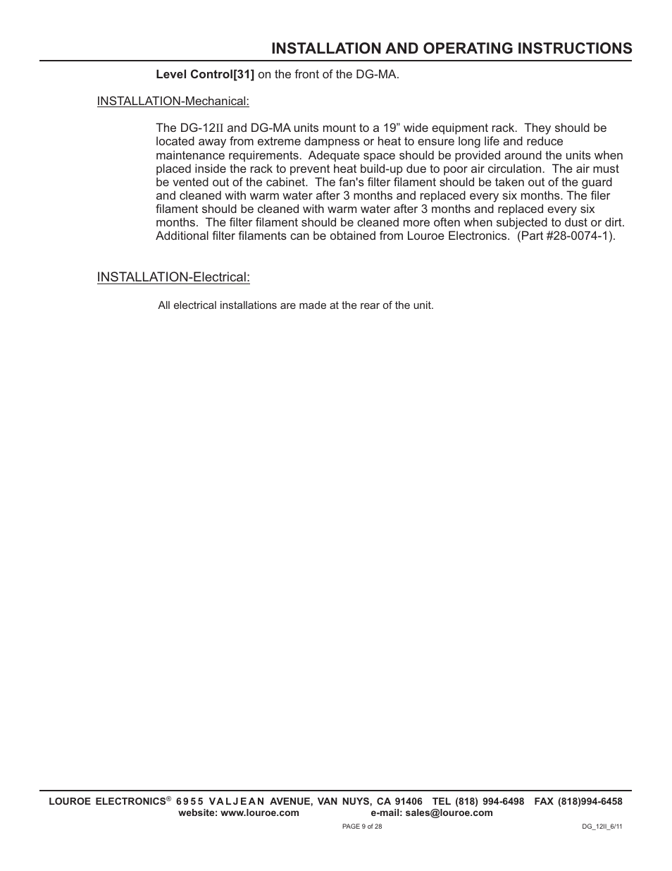 Installation and operating instructions, Installation-electrical | Louroe Electronics DG-12II User Manual | Page 12 / 32