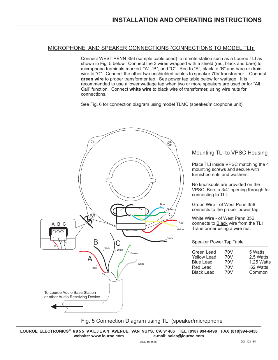 Ab c, Installation and operating instructions, Mounting tli to vpsc housing | Louroe Electronics DG-12II User Manual | Page 13 / 32