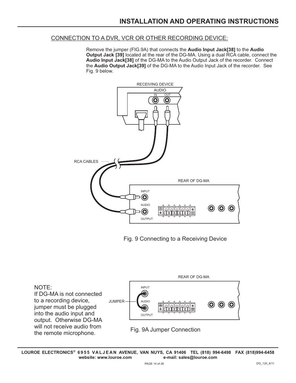 Installation and operating instructions, Connection to a dvr, vcr or other recording device | Louroe Electronics DG-12II User Manual | Page 17 / 32