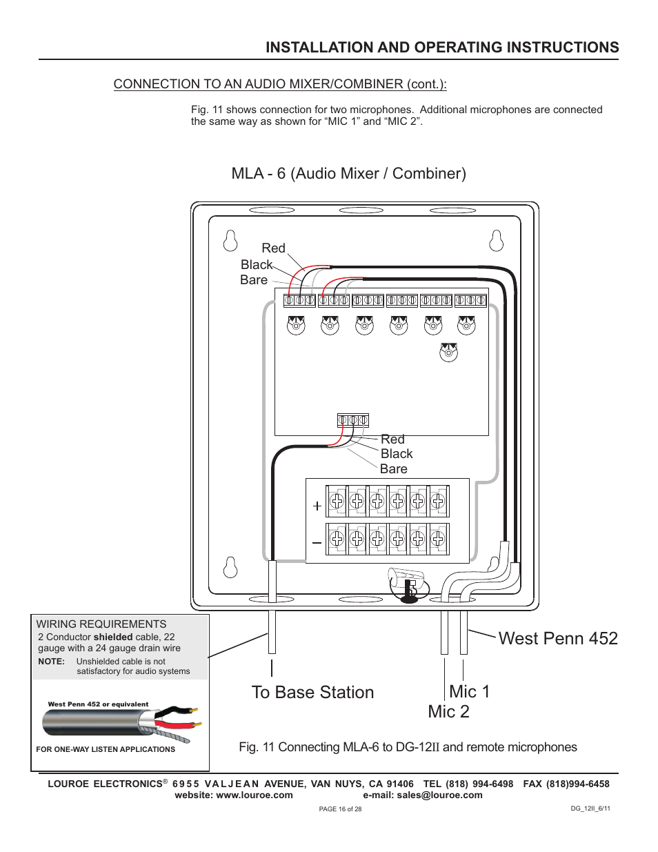Mic 2 west penn 452, Mla - 6 (audio mixer / combiner), Installation and operating instructions | Louroe Electronics DG-12II User Manual | Page 19 / 32