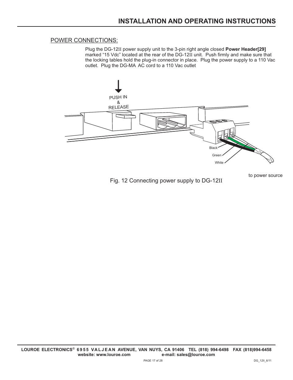 Installation and operating instructions, Power connections, Fig. 12 connecting power supply to dg-12ii | Louroe Electronics DG-12II User Manual | Page 20 / 32