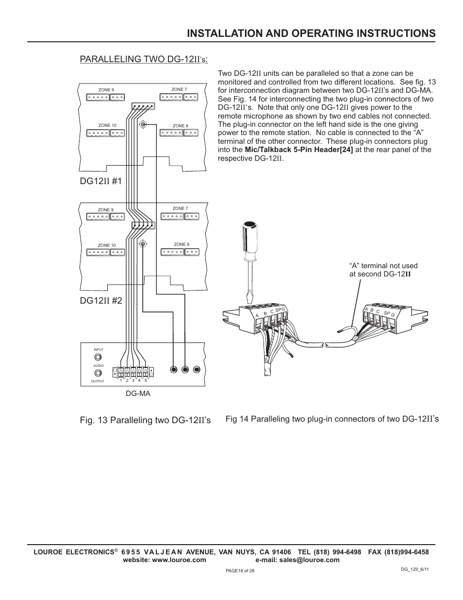 Installation and operating instructions, Paralleling two dg-12ii, Fig. 13 paralleling two dg-12ii’s | Ii’s | Louroe Electronics DG-12II User Manual | Page 21 / 32