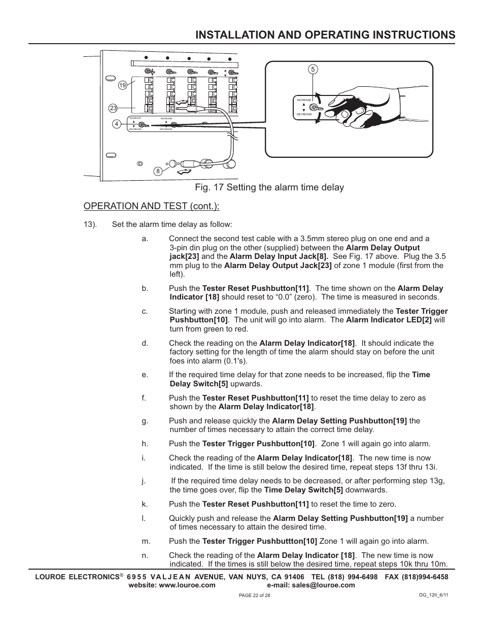 Installation and operating instructions, Operation and test (cont.), Fig. 17 setting the alarm time delay | Louroe Electronics DG-12II User Manual | Page 25 / 32