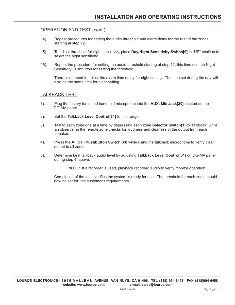 Installation and operating instructions | Louroe Electronics DG-12II User Manual | Page 26 / 32