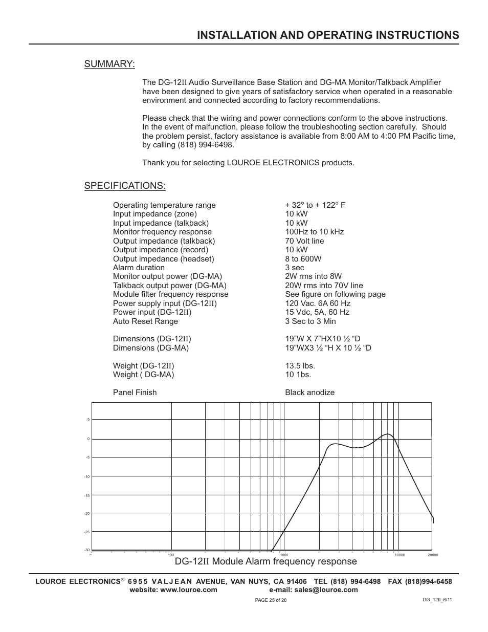 Installation and operating instructions, Summary, Specifications | Dg-12 module alarm frequency response ii | Louroe Electronics DG-12II User Manual | Page 28 / 32