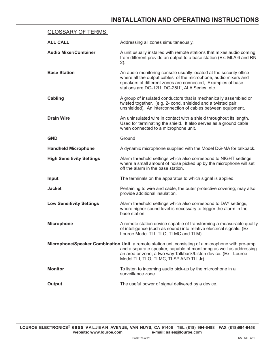 Installation and operating instructions | Louroe Electronics DG-12II User Manual | Page 29 / 32