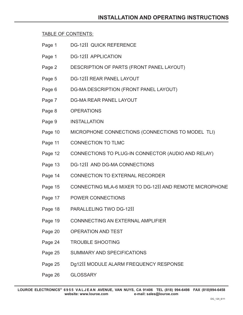 Installation and operating instructions | Louroe Electronics DG-12II User Manual | Page 3 / 32