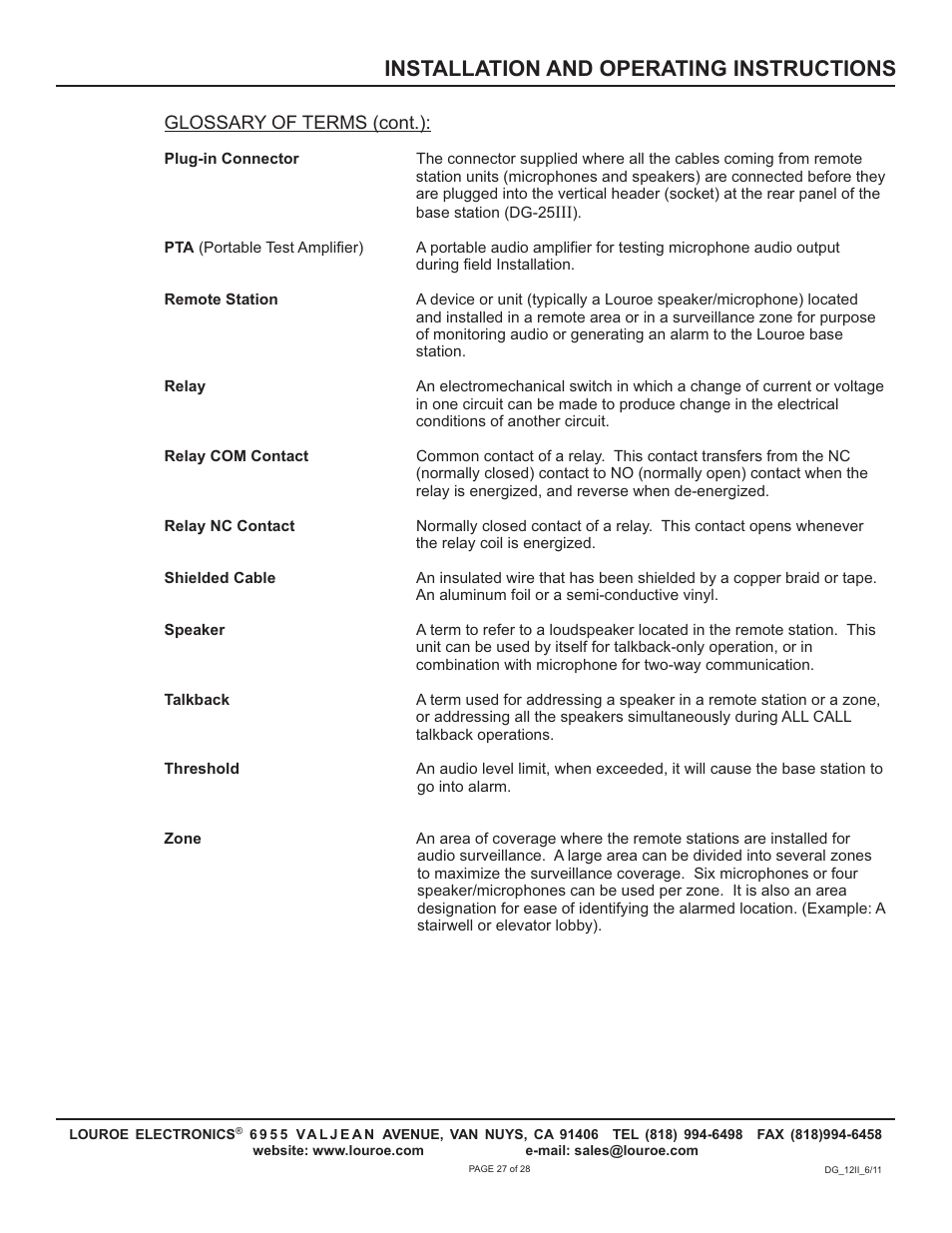 Installation and operating instructions | Louroe Electronics DG-12II User Manual | Page 30 / 32