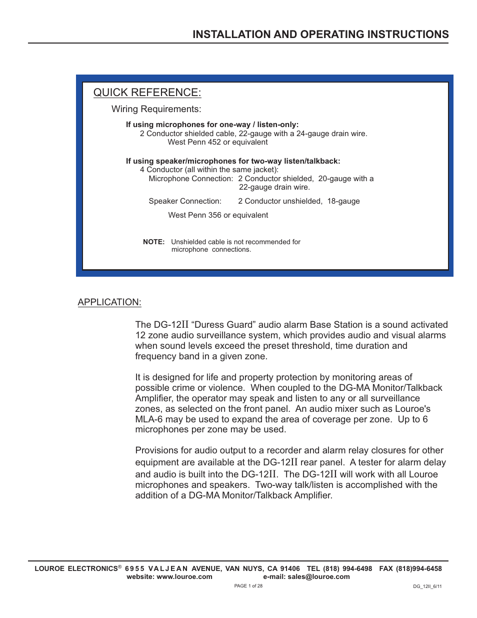 Quick reference, Installation and operating instructions | Louroe Electronics DG-12II User Manual | Page 4 / 32