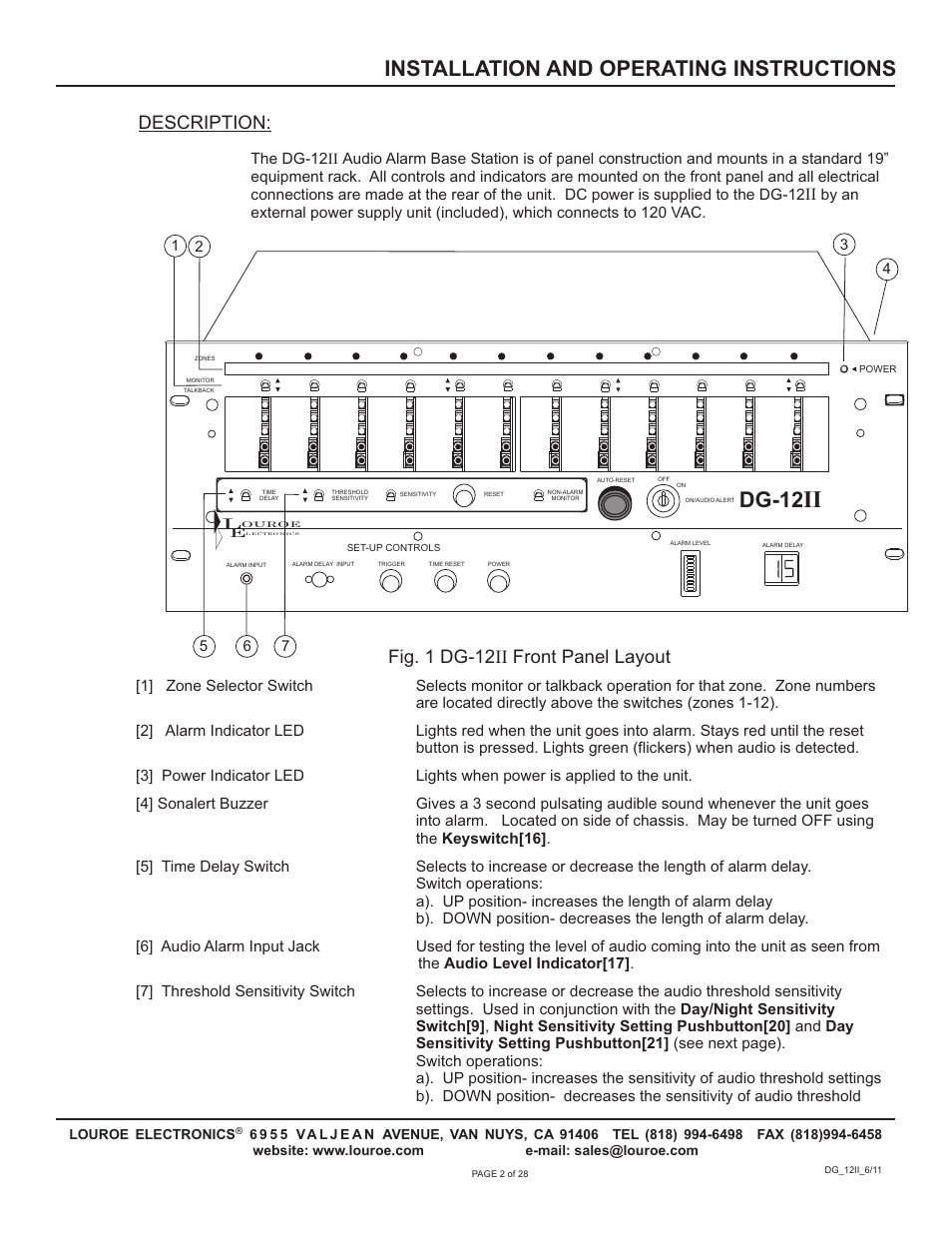 Dg-12, Installation and operating instructions, Fig. 1 dg-12 front panel layout ii | Description | Louroe Electronics DG-12II User Manual | Page 5 / 32