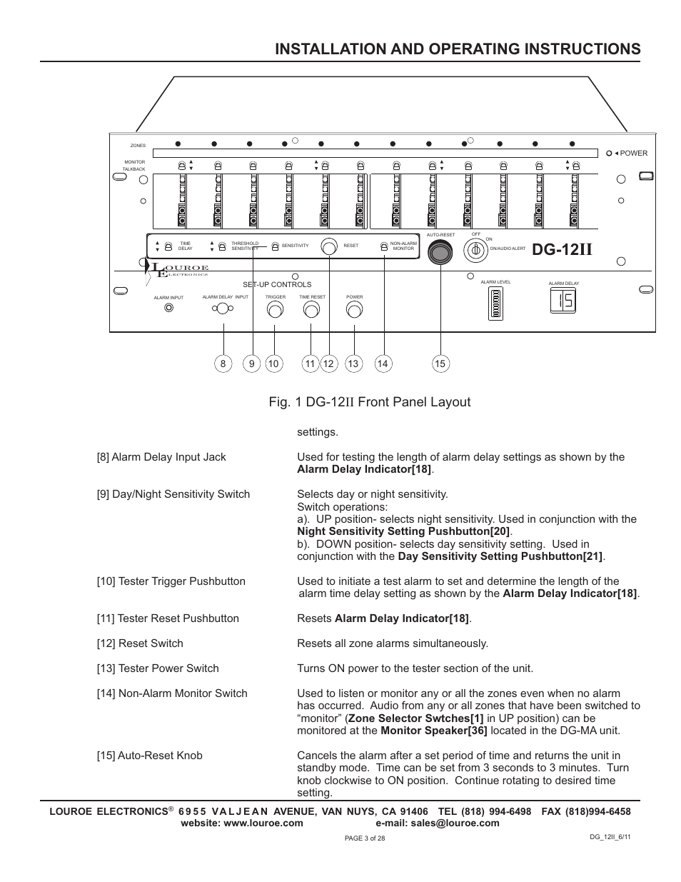 Dg-12, Installation and operating instructions, Fig. 1 dg-12 front panel layout ii | Louroe Electronics DG-12II User Manual | Page 6 / 32