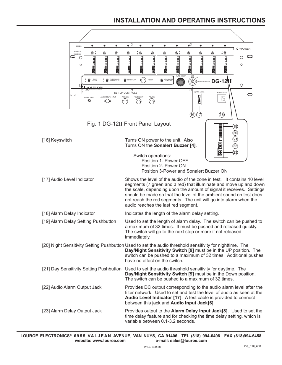 Installation and operating instructions, Fig. 1 dg-12 front panel layout ii, Dg-12 | Louroe Electronics DG-12II User Manual | Page 7 / 32