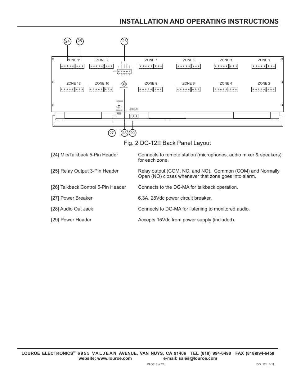 Installation and operating instructions, Fig. 2 dg-12 back panel layout ii | Louroe Electronics DG-12II User Manual | Page 8 / 32