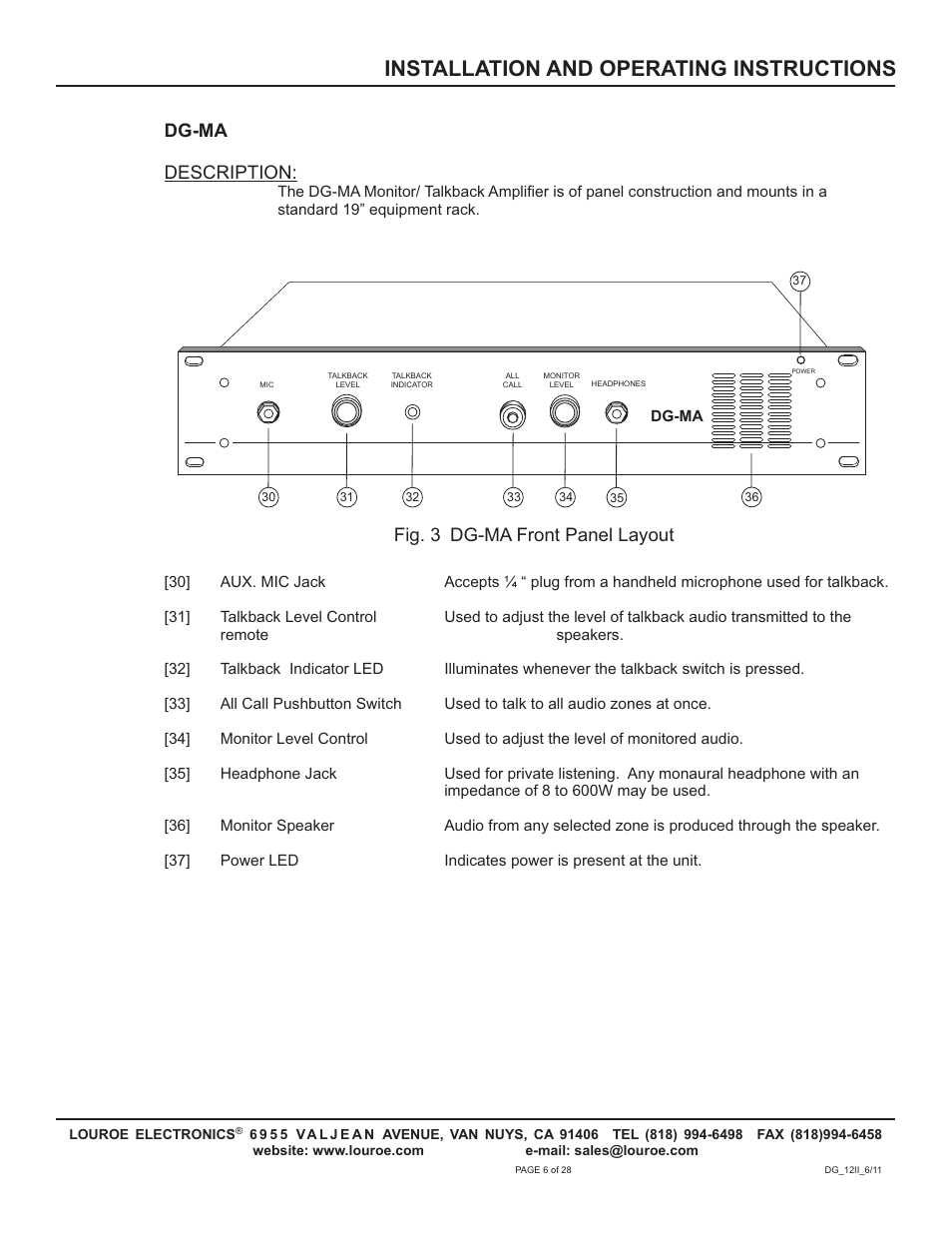 Installation and operating instructions, Dg-ma description, Fig. 3 dg-ma front panel layout | Louroe Electronics DG-12II User Manual | Page 9 / 32