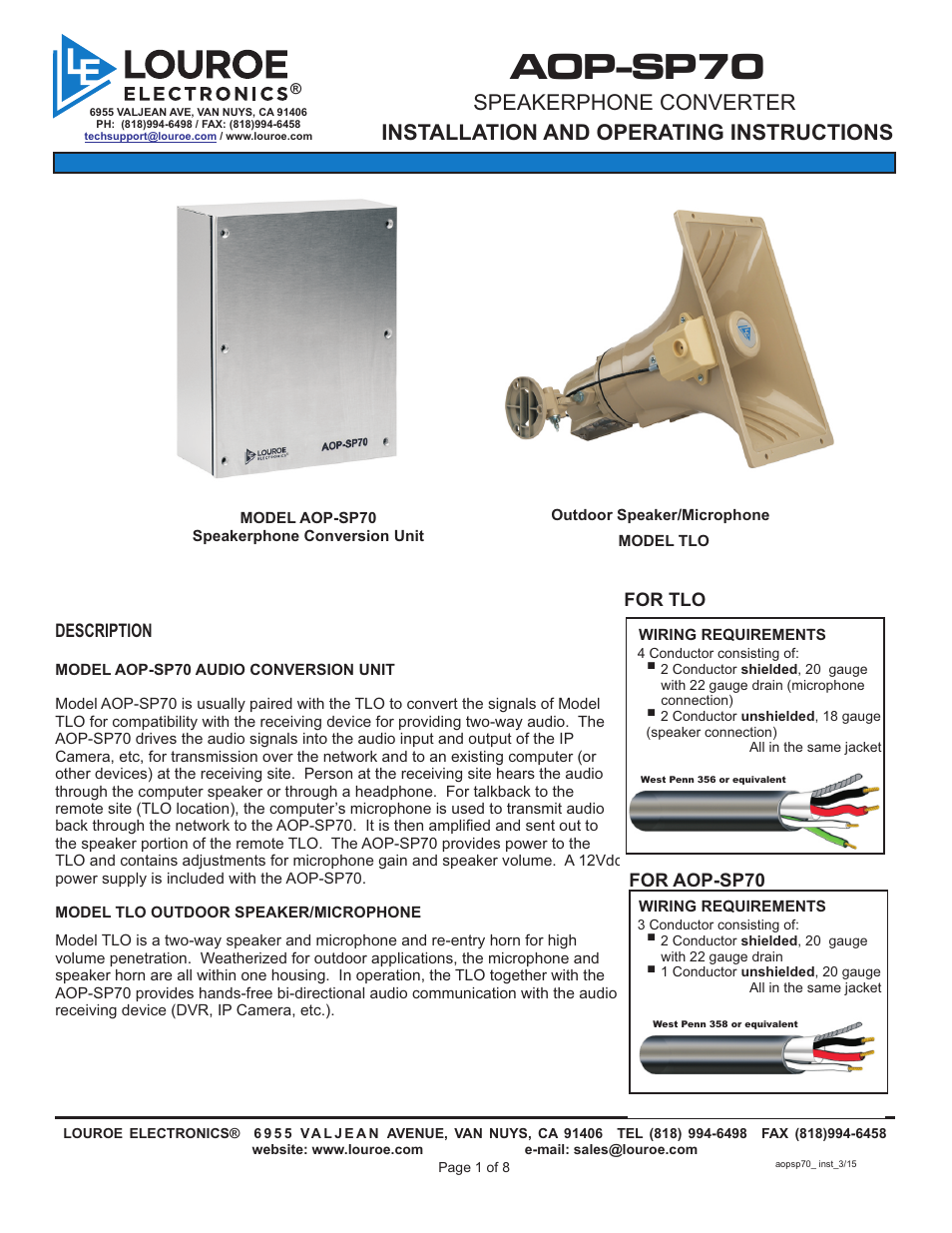 Louroe Electronics AOP-SP70 User Manual | 8 pages
