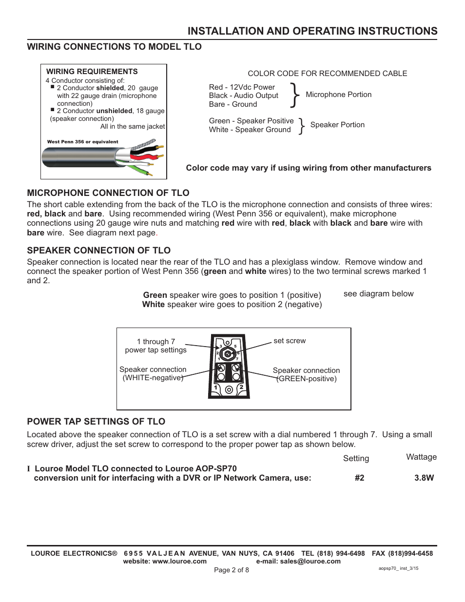 Installation and operating instructions | Louroe Electronics AOP-SP70 User Manual | Page 2 / 8
