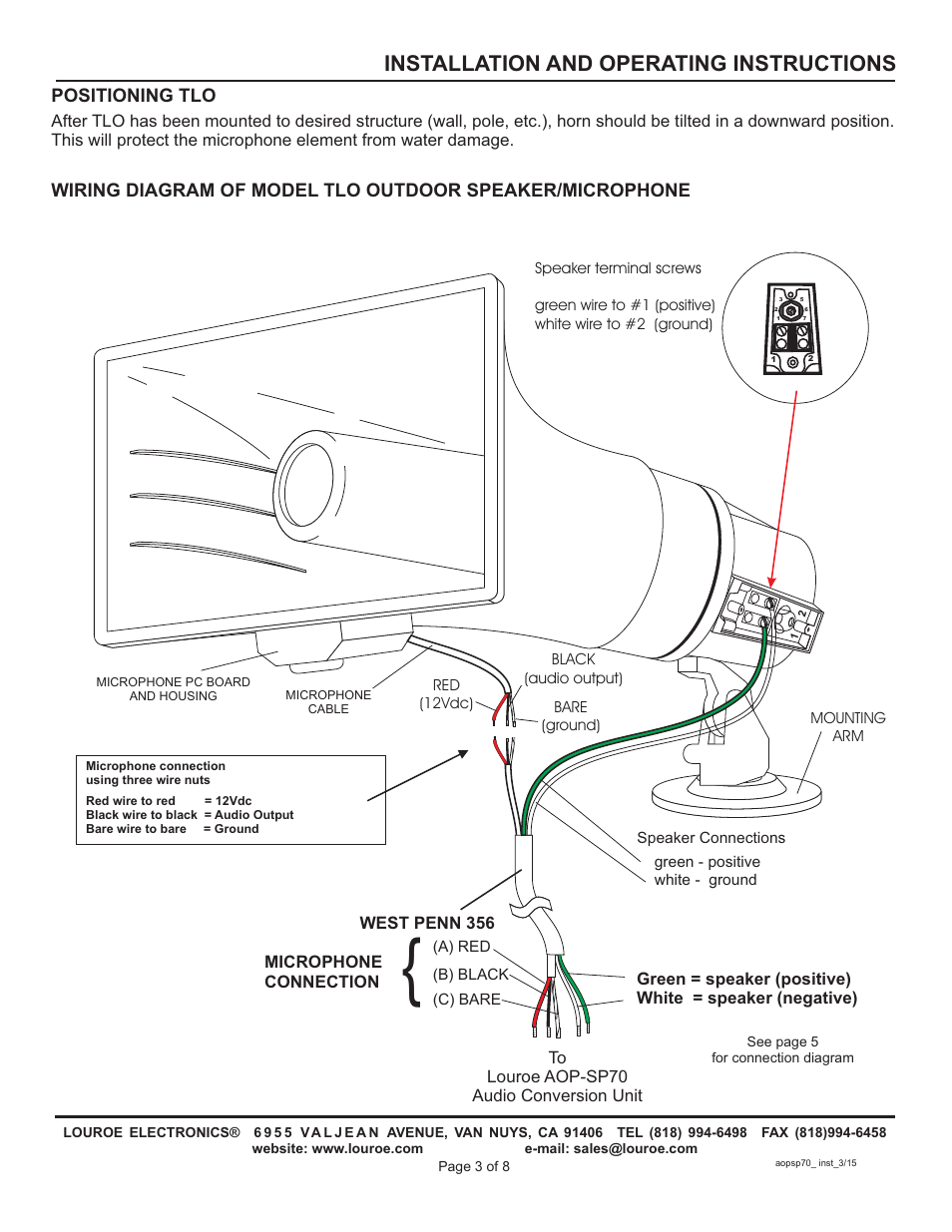 Installation and operating instructions | Louroe Electronics AOP-SP70 User Manual | Page 3 / 8