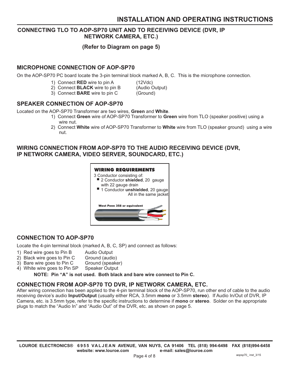 Installation and operating instructions | Louroe Electronics AOP-SP70 User Manual | Page 4 / 8
