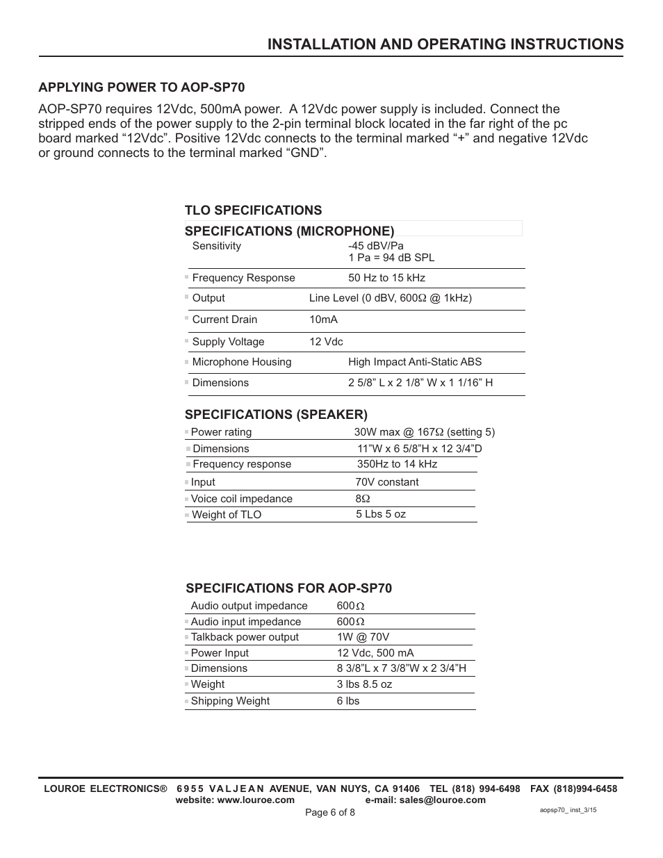 Installation and operating instructions | Louroe Electronics AOP-SP70 User Manual | Page 6 / 8