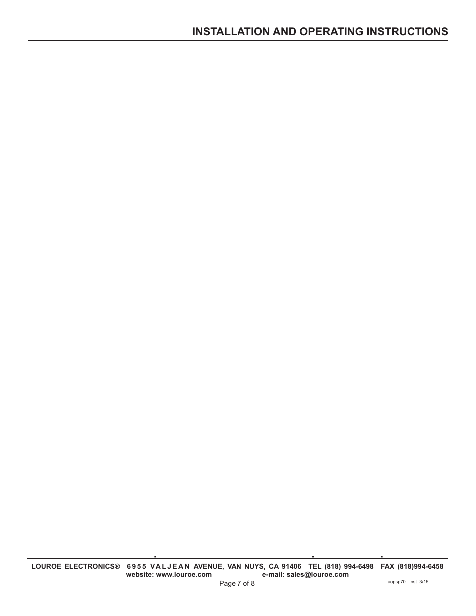 Installation and operating instructions | Louroe Electronics AOP-SP70 User Manual | Page 7 / 8