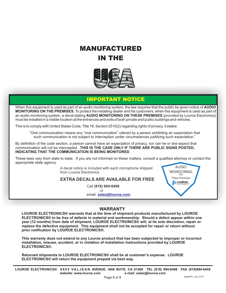 Manufactured in the, Important notice | Louroe Electronics AOP-SP70 User Manual | Page 8 / 8